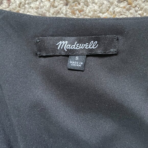 - Madewell - Georgette Button Front Mini Dress, Black Long Sleeve V-Neck Dress - Picture 3 of 8